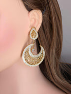 Heritage gold plated chandbali moon pattern dangling wedding earrings matrix