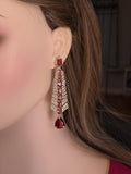 Fine gold finish crimson ruby replica hanging studs with micro zircon borders