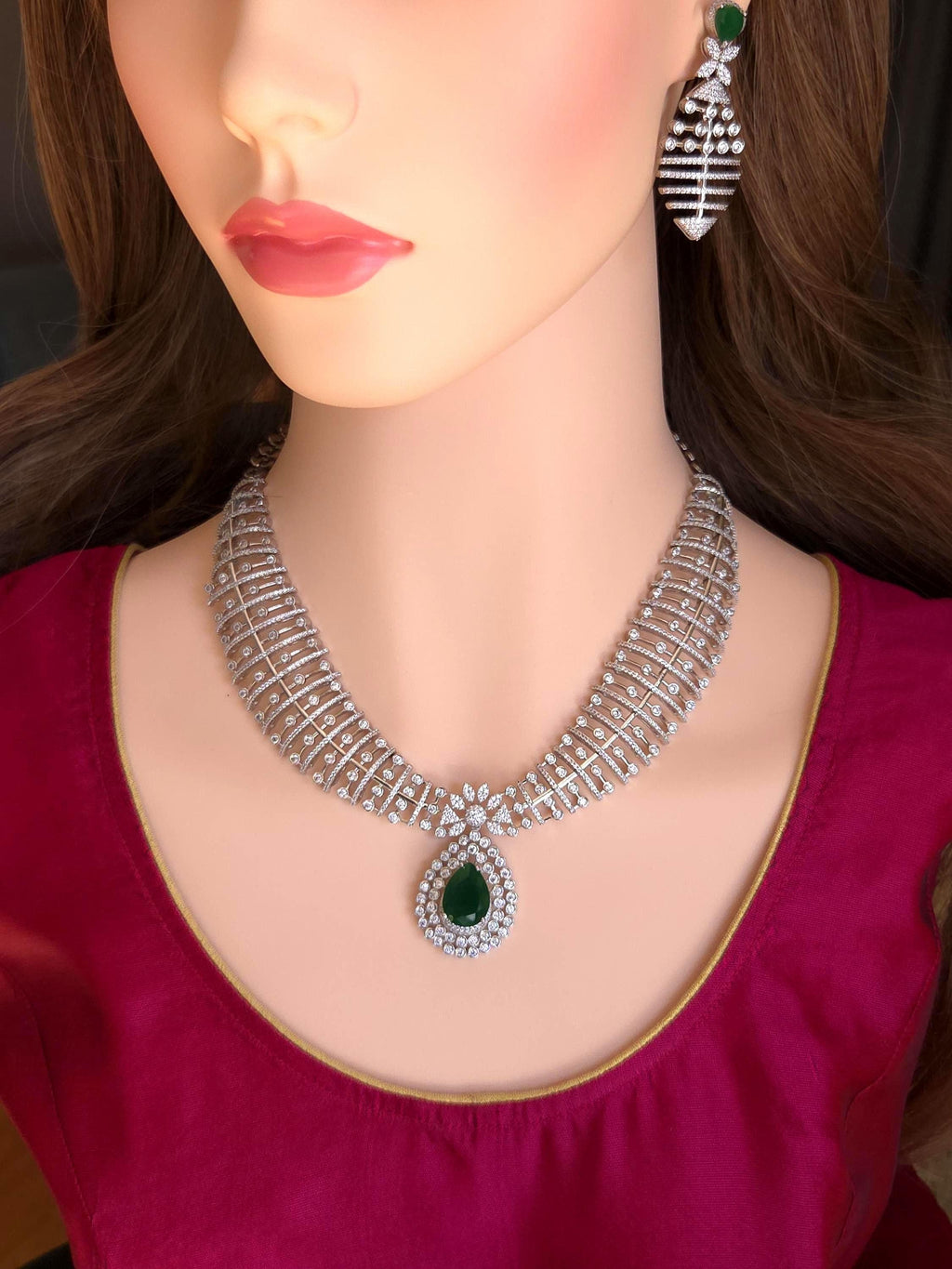 High grade silver tone emerald clear American Diamond wedding set cards