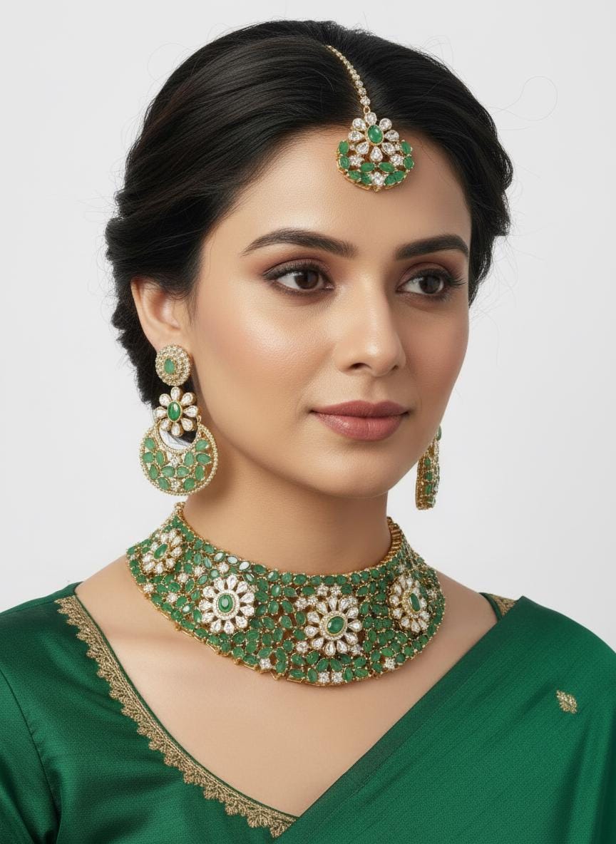 South Asian green floral kundan matching set with maang tikka piece