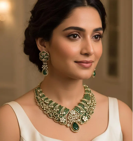 Authentic Pakistani bridal emerald green kundan jewelry choking set