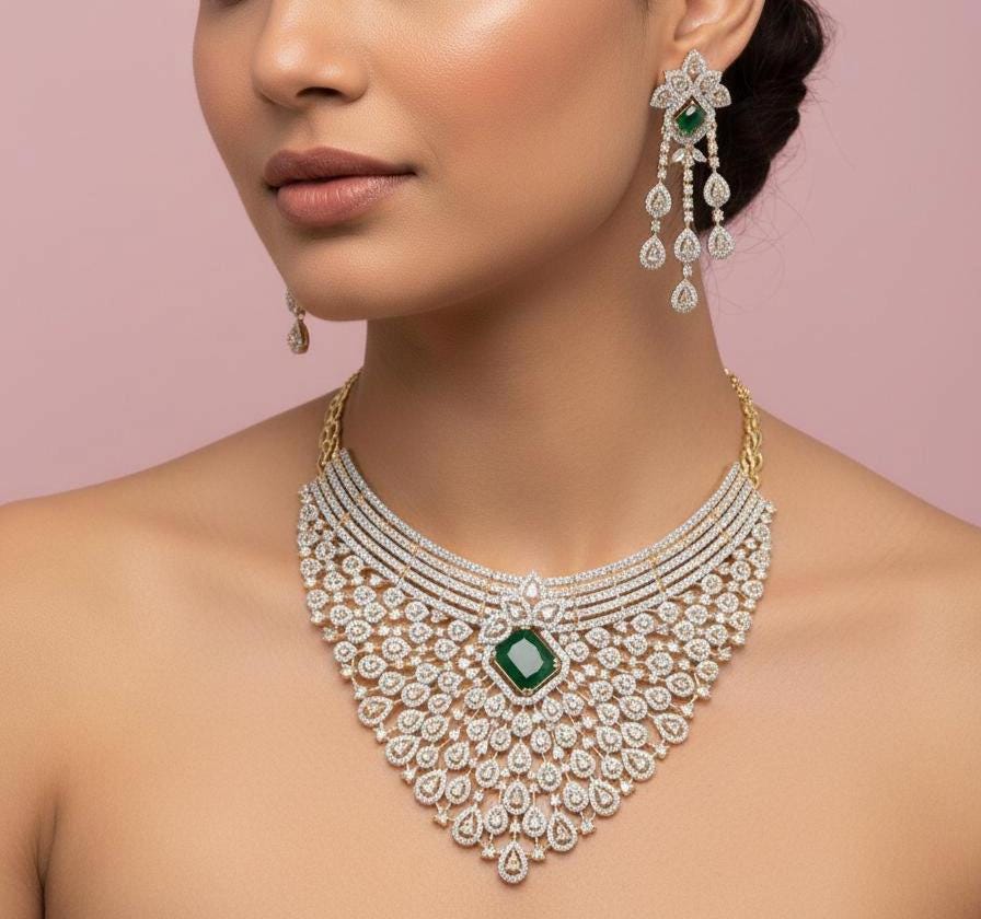 Traditional gold overlay deep emerald kundan choke band assembly node
