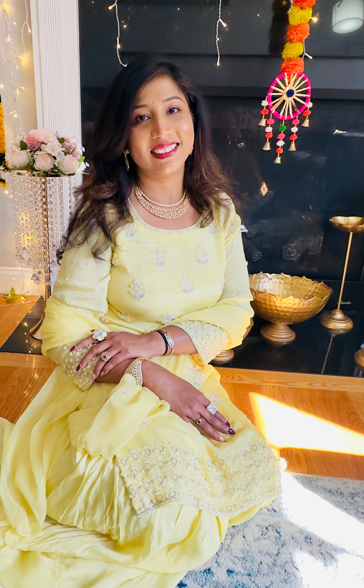 The Puja Moment: Yellow and Pearls