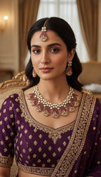 Bright magenta CZ polki bridal accessory layout for Sangeet night