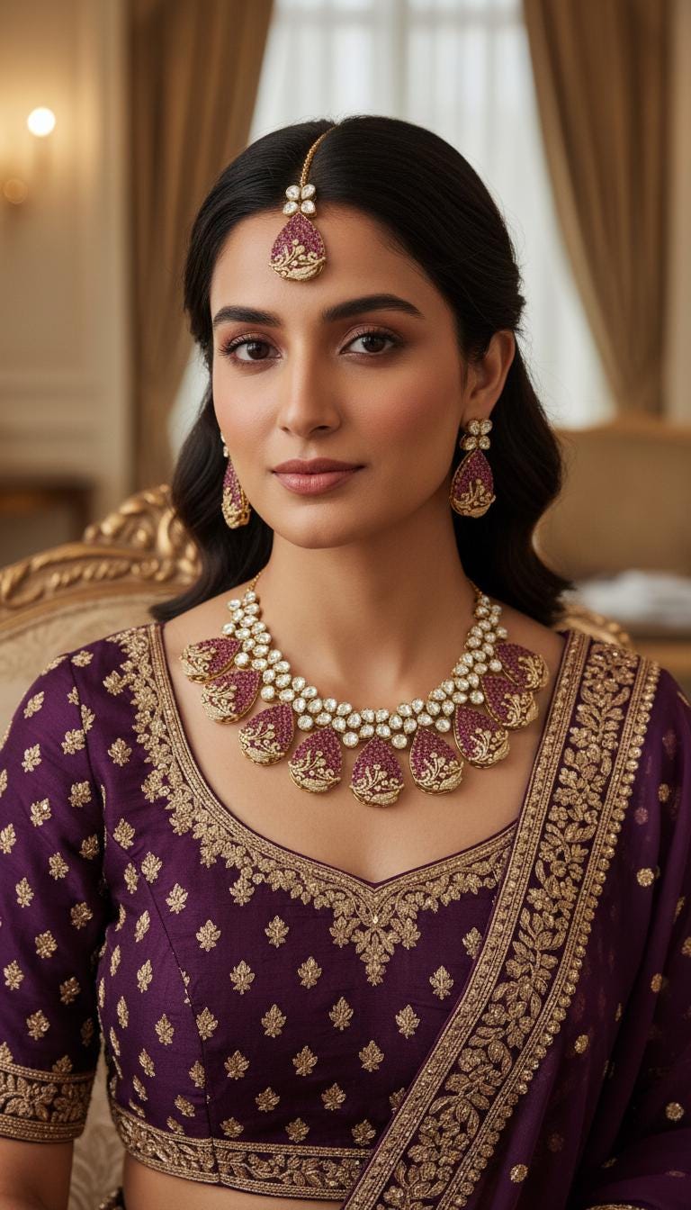 Bright magenta CZ polki bridal accessory layout for Sangeet night