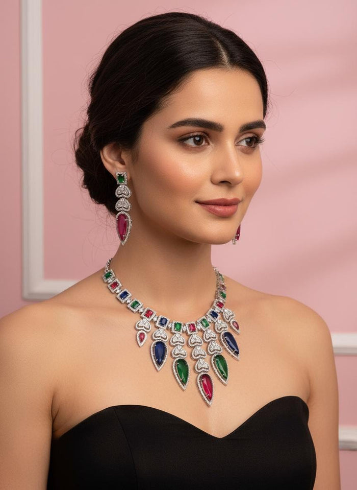 Multicolor CZ Statement Necklace Set