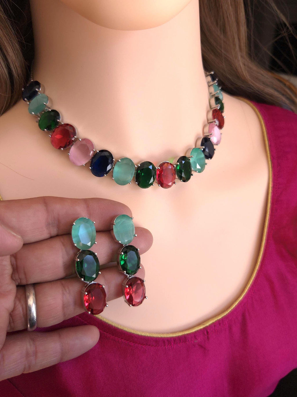 Bold multi color oval custom gem sequence party attire necklace blueprint