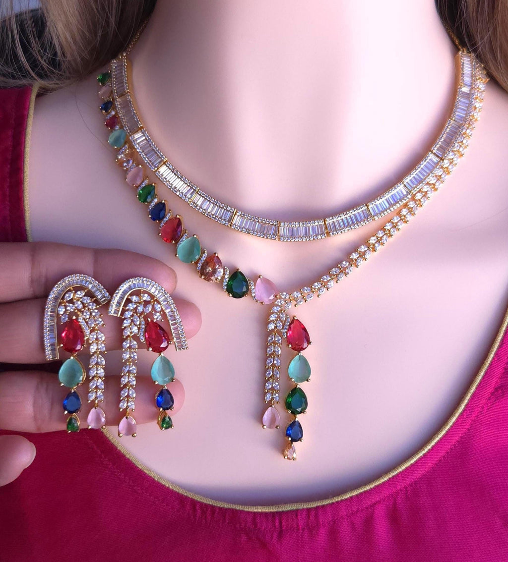 Mixed color navratna inspired cubic zirconia wedding choker loop assembly