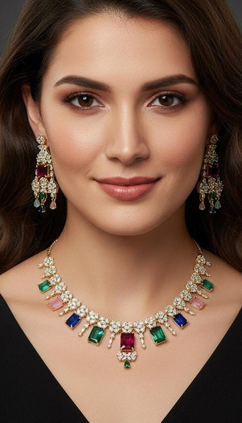 Multicolor navratna style gold plated crystal bridal accessory piece