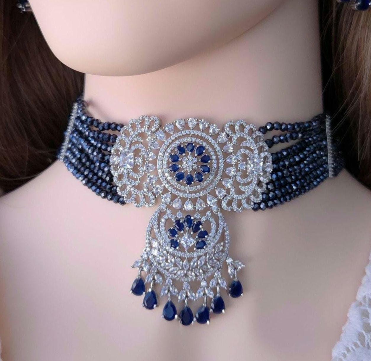 Heritage silver backing deep navy blue kundan choker jewelry set template