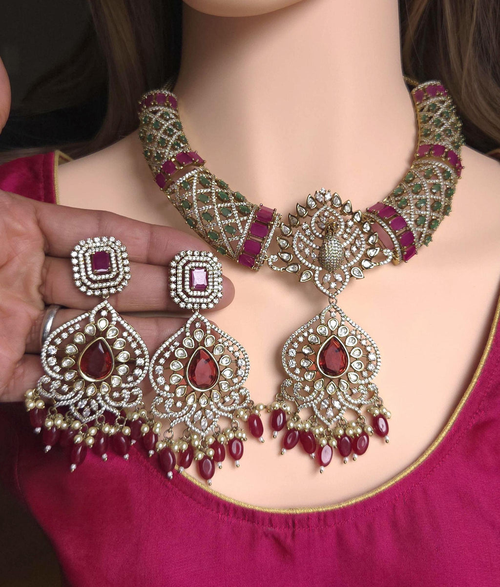 Royal peacock pattern moissanite kundan bridal choker layout display