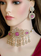 Pastel pink moissanite kundan neck collar profile showcase frame