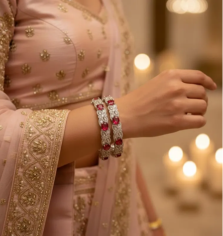 Elegant ruby red floral American Diamond wedding bangle collection