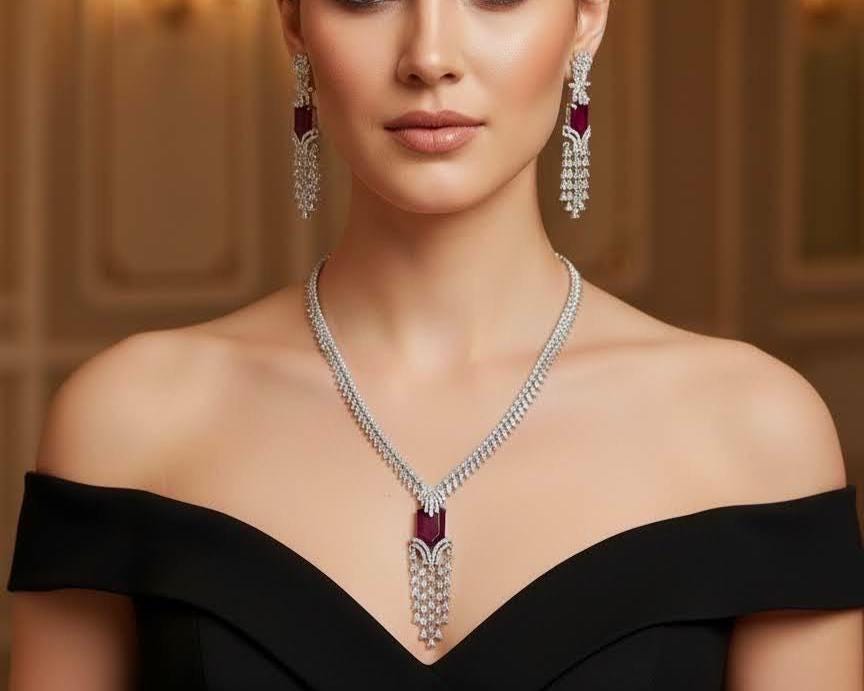 Fine silver overlay blood ruby simulation heavy bridal suite view
