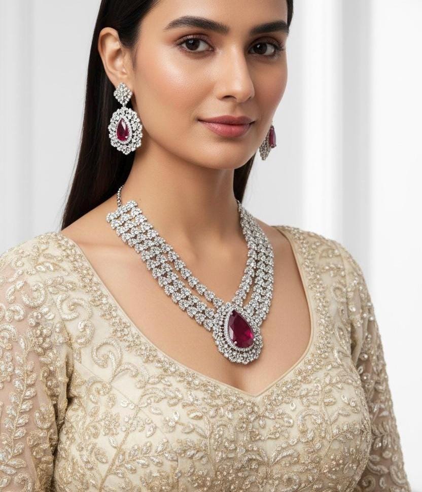 Deep ruby red layered silver plated statement jewelry product card