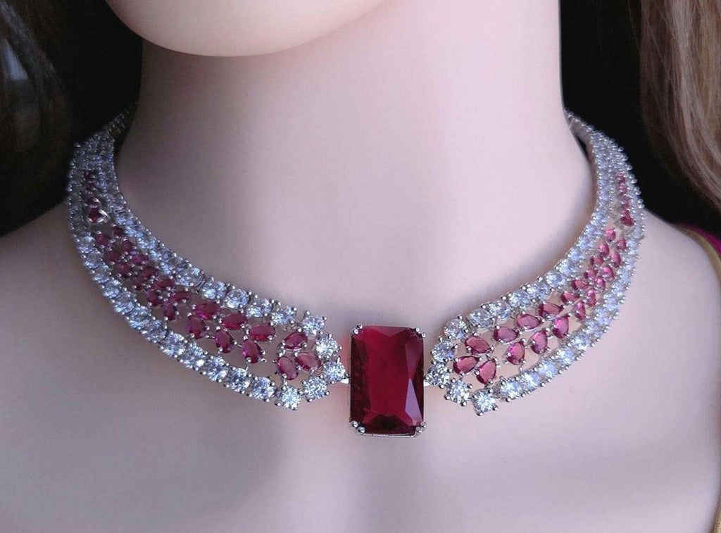 Modern emerald cut blood ruby and violet tone silver plate choke string