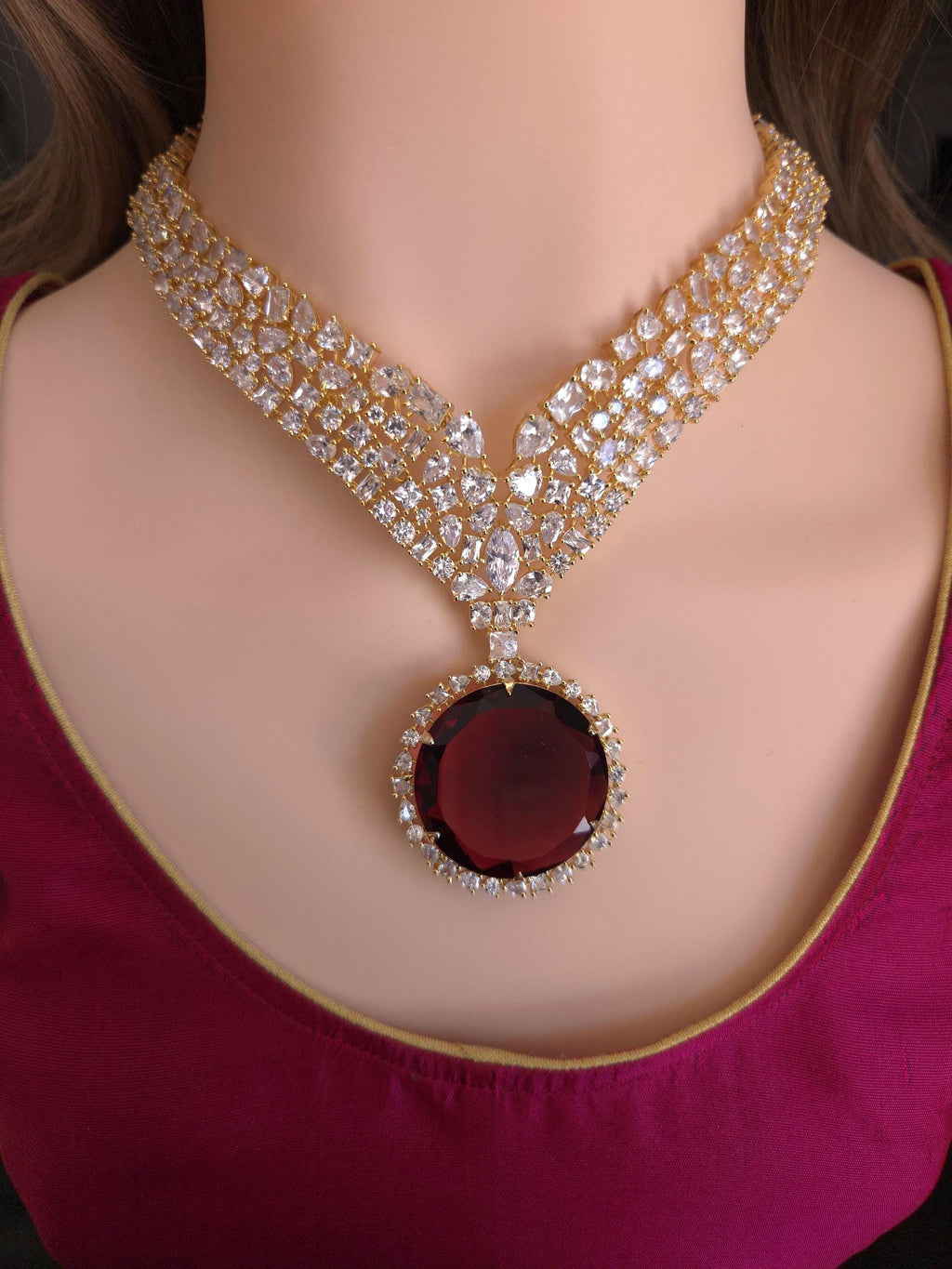 Deep colored ruby red V string traditional Indian wedding choker frame