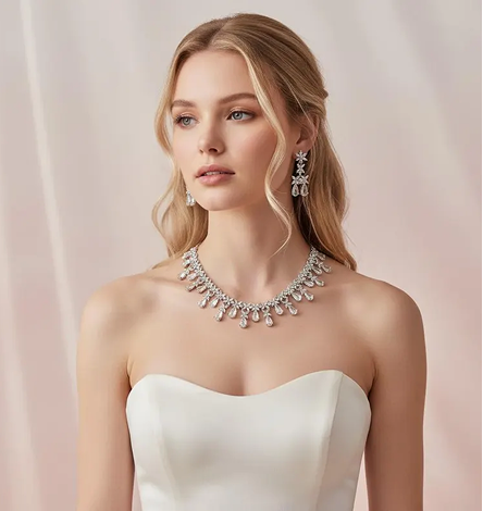Luxury bridal silver cubic zirconia diamond replica jewelry set