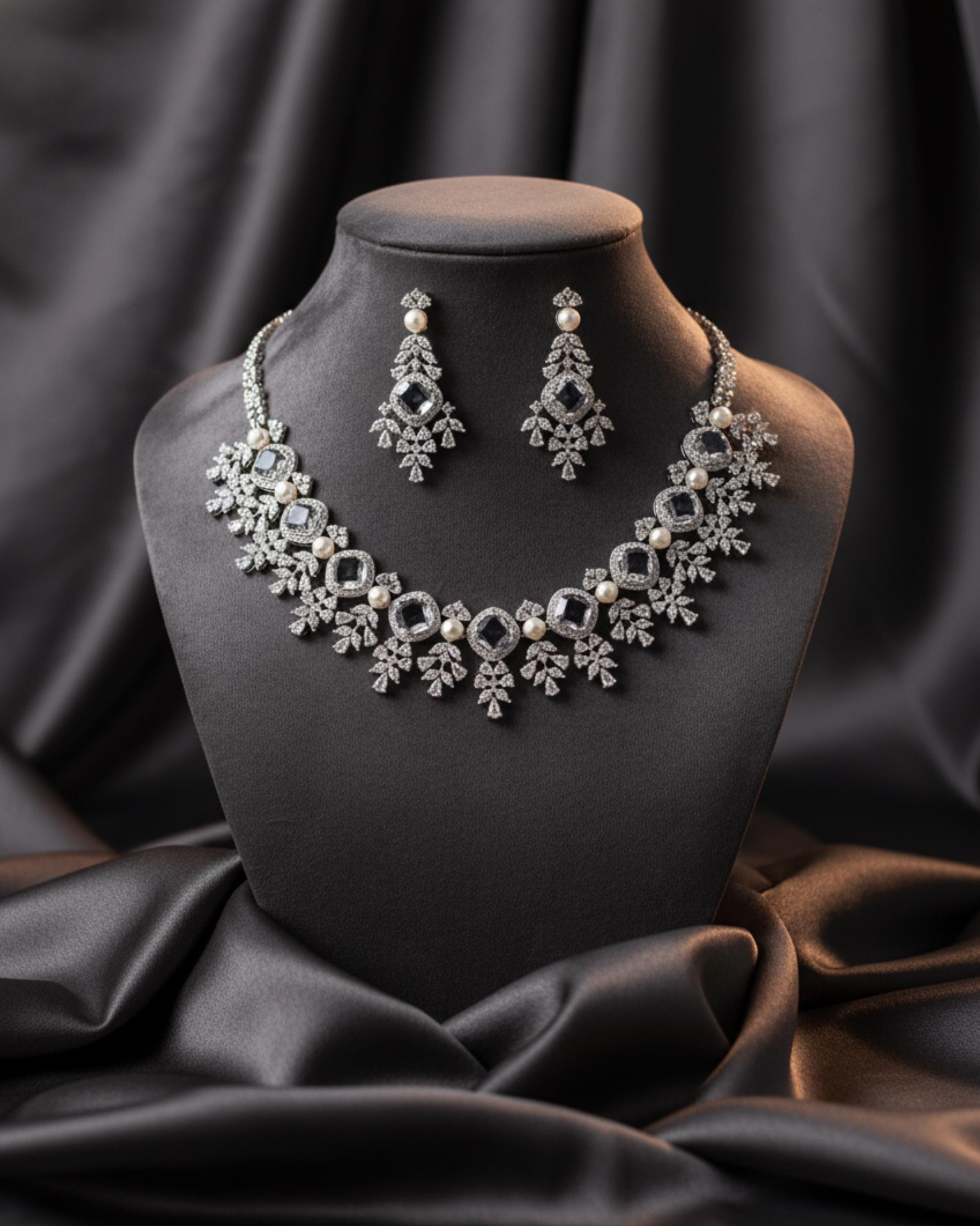 CZ Crystal & Pearl Bridal Necklace & Earrings Set – Silver Tone Wedding Jewelry