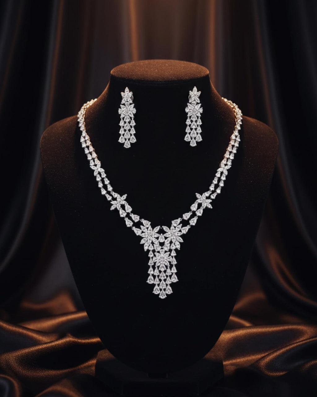 CZ Bridal Necklace & Earring Set | Silver Plated | Red, White & Emerald Green