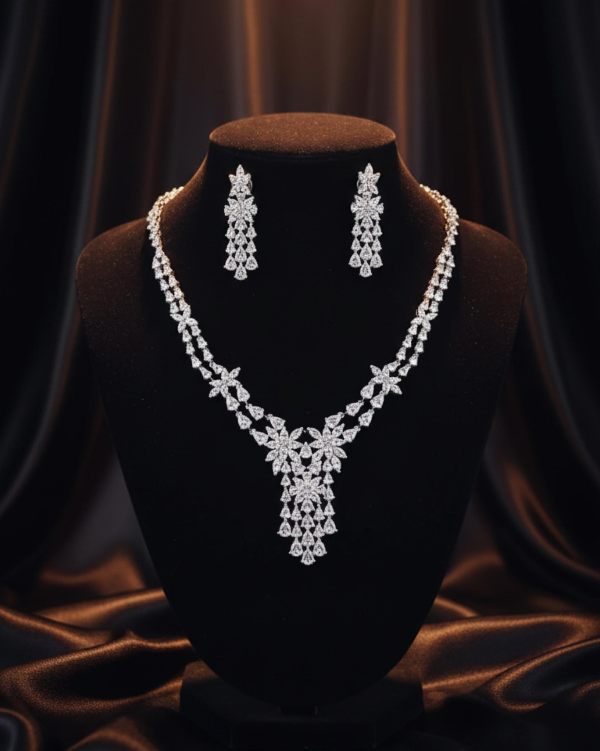 CZ Bridal Necklace & Earring Set | Silver Plated | Red, White & Emerald Green