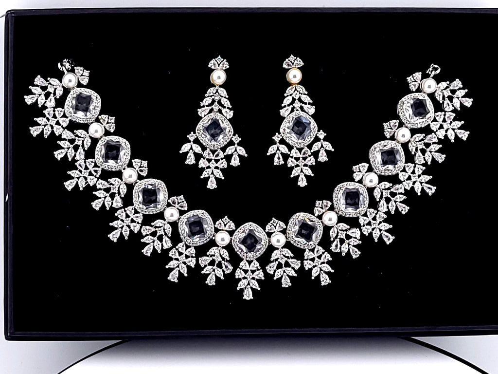CZ Crystal & Pearl Bridal Necklace & Earrings Set – Silver Tone Wedding Jewelry