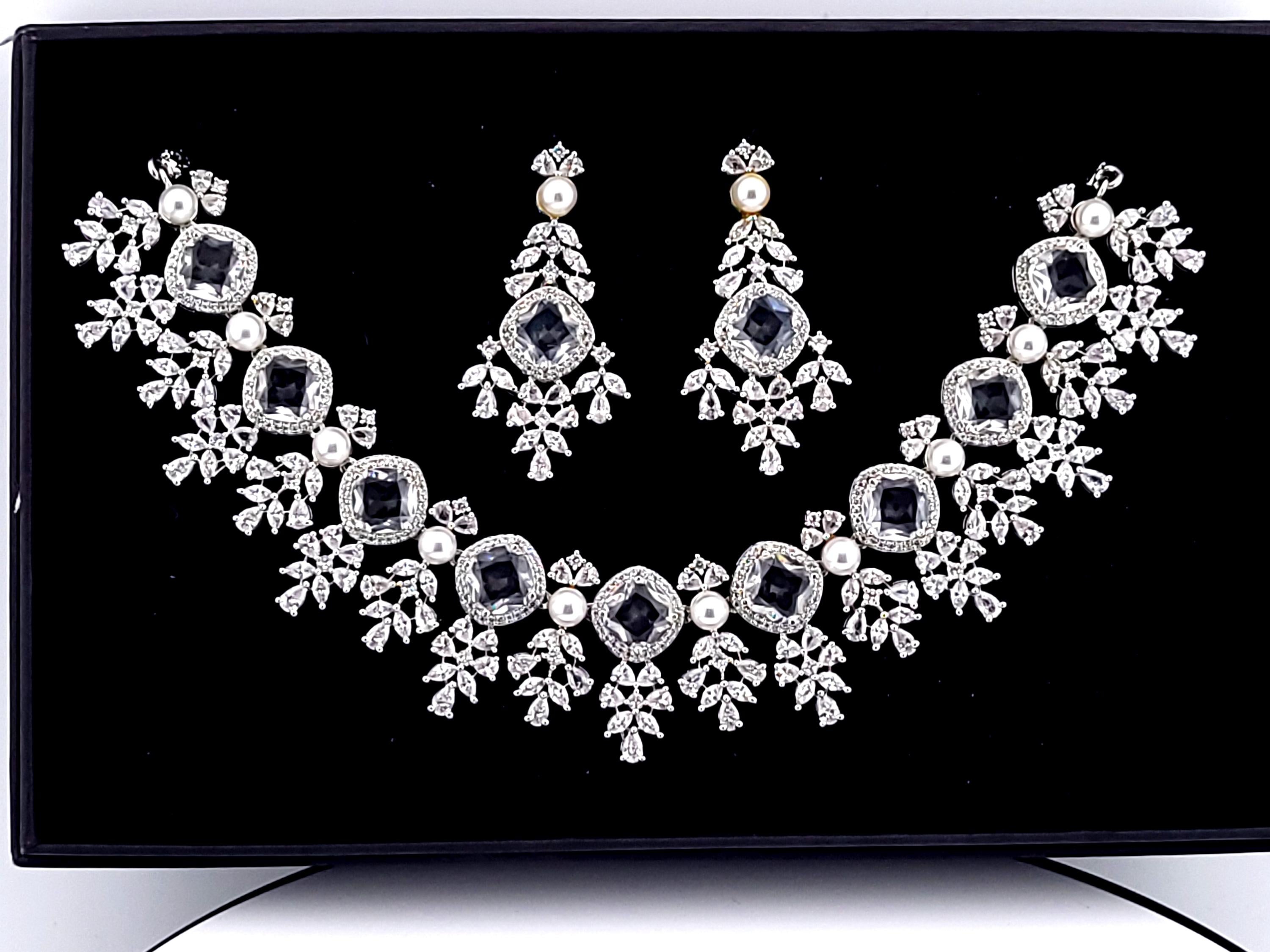 CZ Crystal & Pearl Bridal Necklace & Earrings Set – Silver Tone Wedding Jewelry