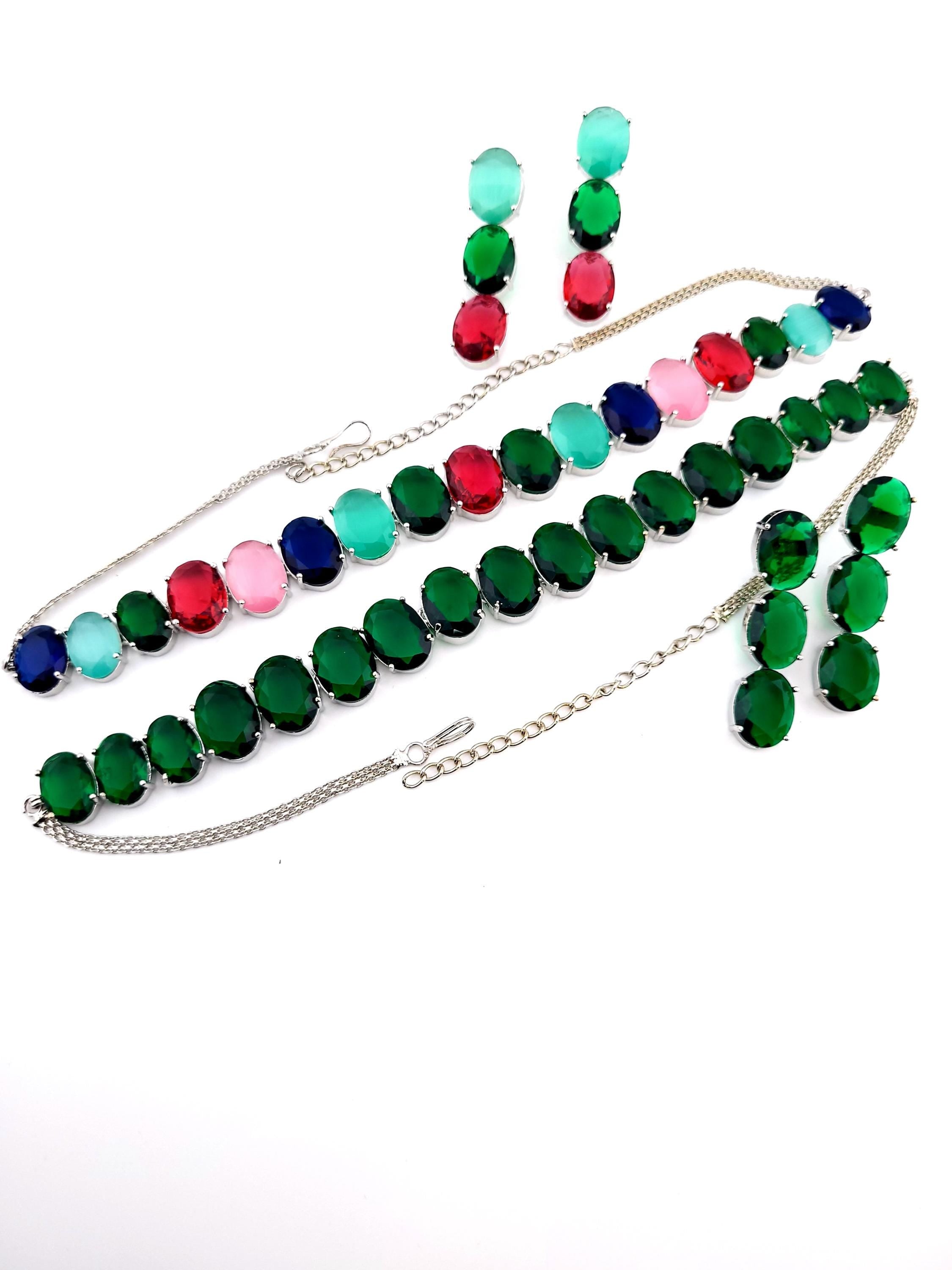 Multicolor Oval CZ Necklace & Earrings Set – Bold Statement Jewelry for Women