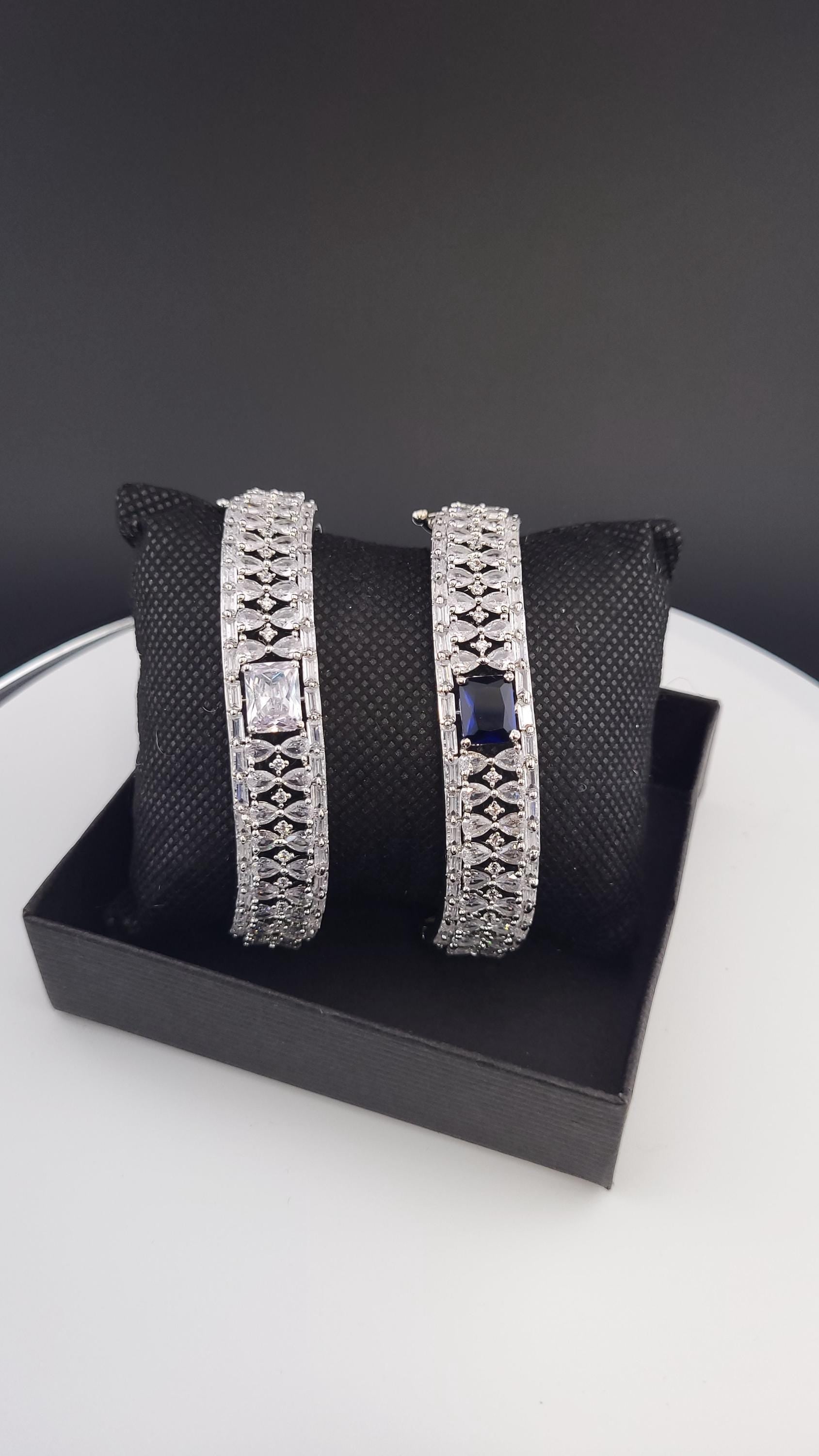 Vintage Inspired CZ Bangle Bracelet – Blue or Clear, Elegant Party & Wedding Jewelry