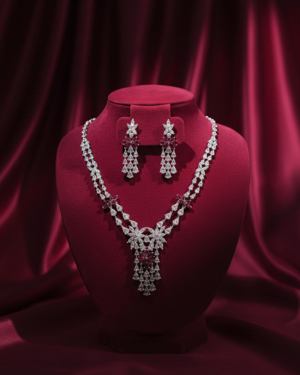 CZ Bridal Necklace & Earring Set | Silver Plated | Red, White & Emerald Green