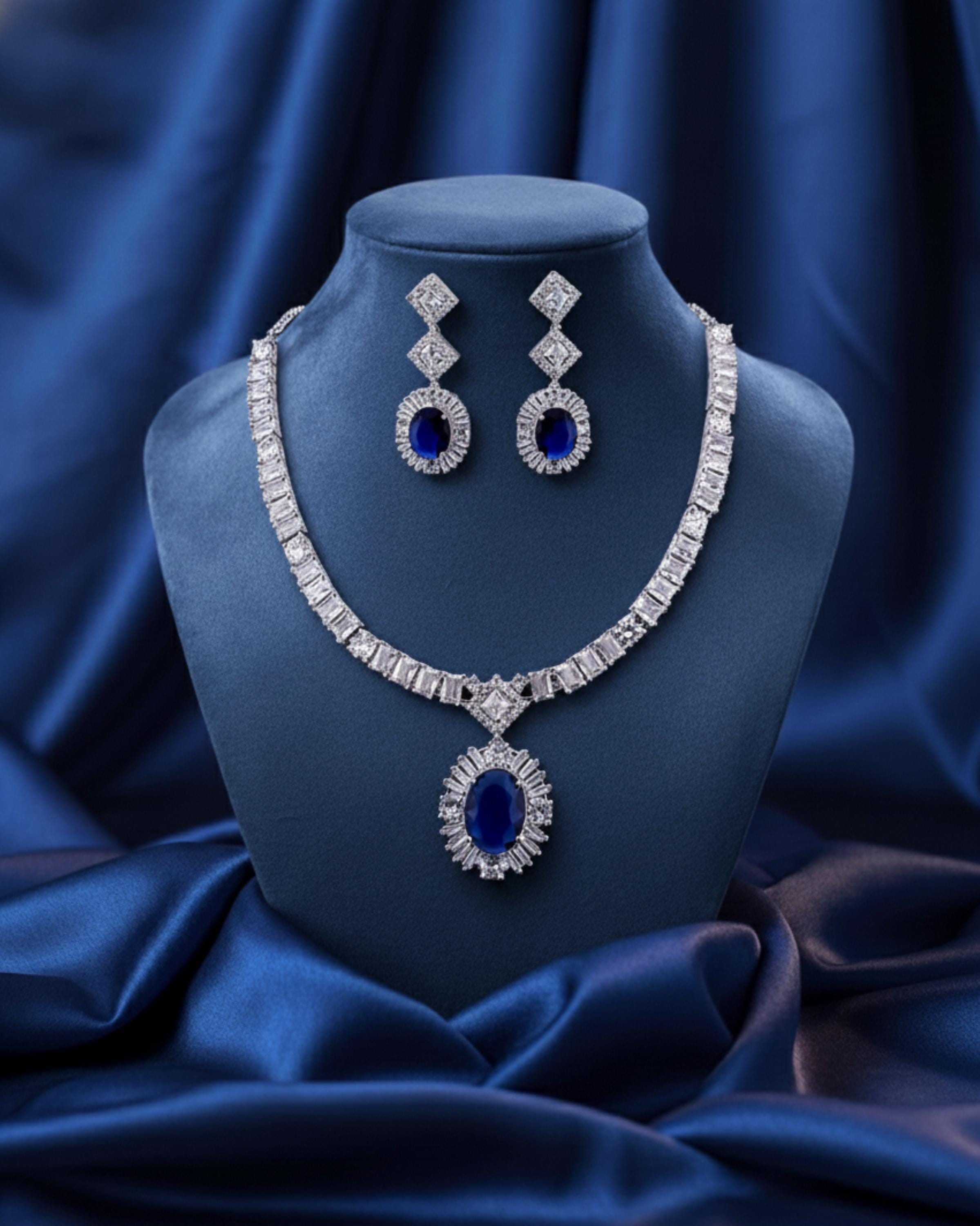 Oval CZ Necklace Set | Sapphire Blue or Ruby Red Wedding Jewelry | Bridal Evening Set