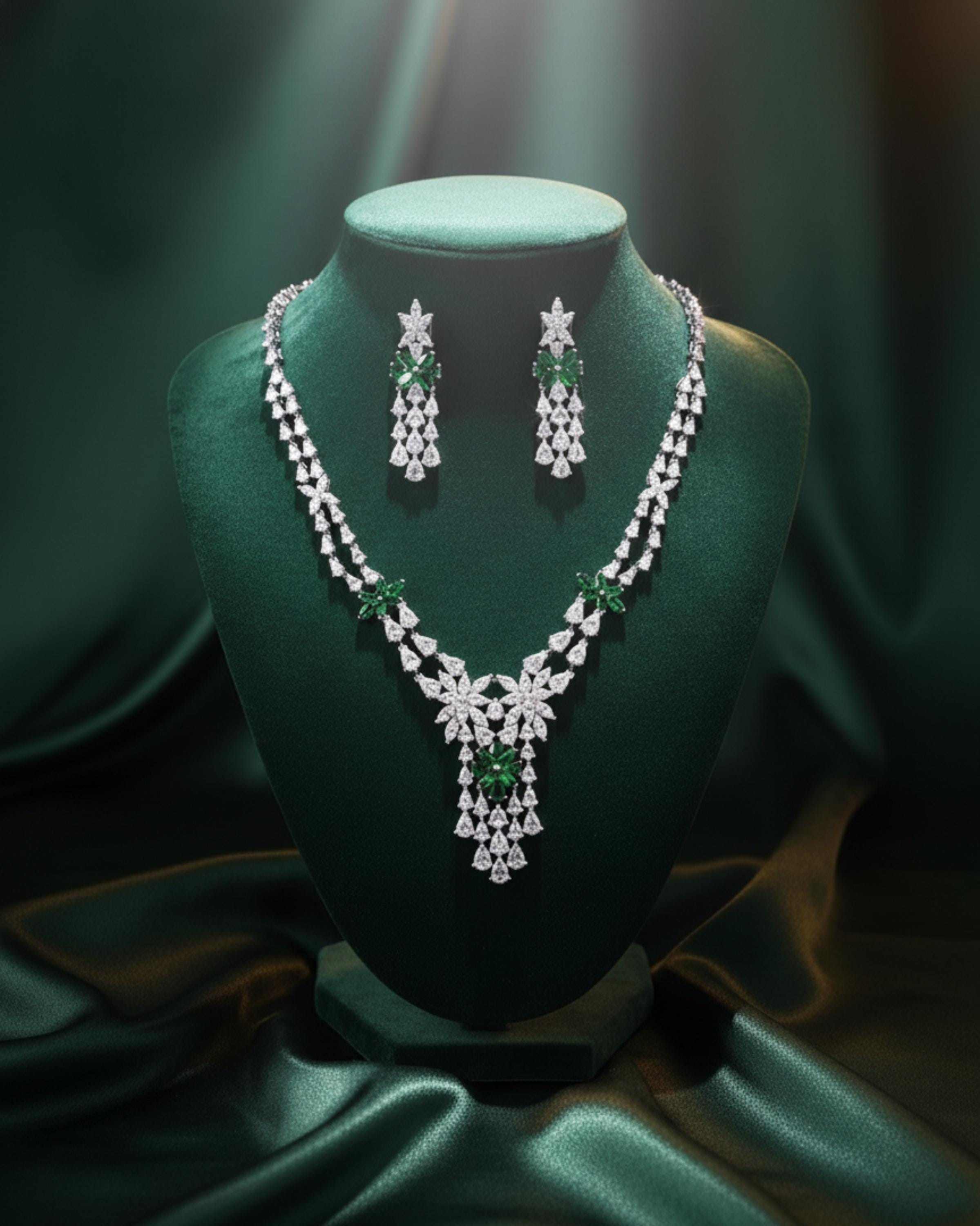 CZ Bridal Necklace & Earring Set | Silver Plated | Red, White & Emerald Green