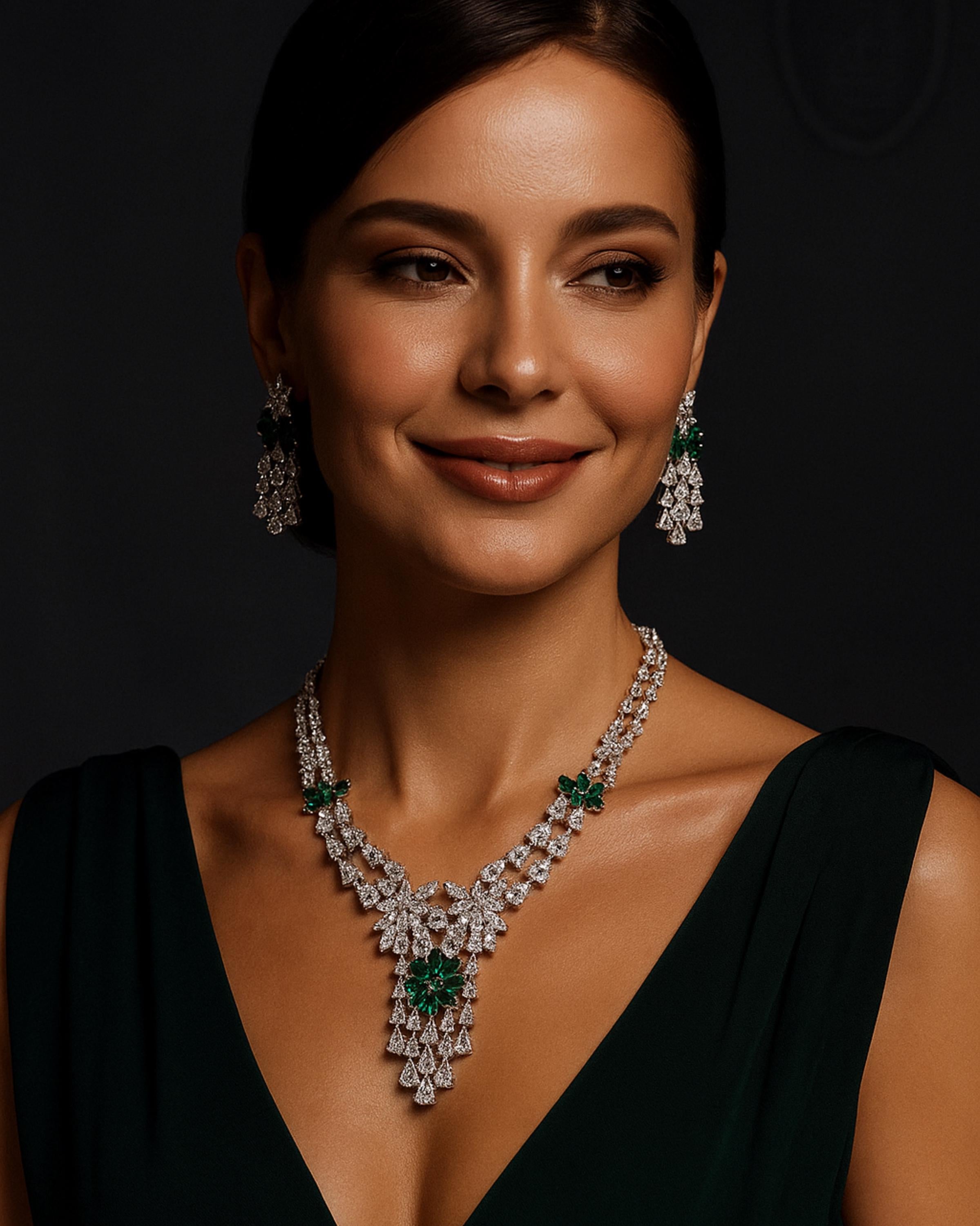 CZ Bridal Necklace & Earring Set | Silver Plated | Red, White & Emerald Green