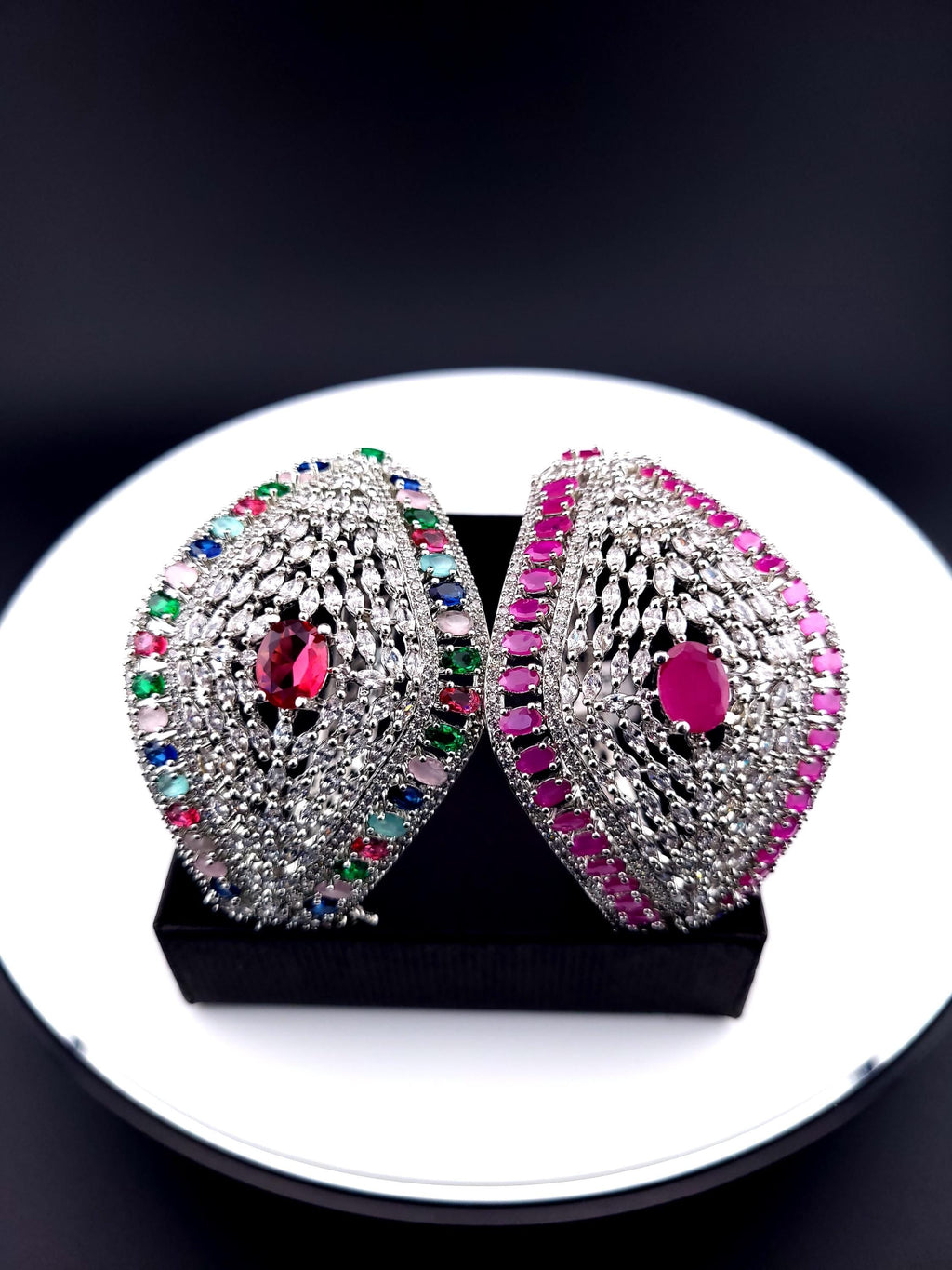 Statement CZ Openable Cuff Bracelet – Adjustable Bridal Wedding Kada, Gold, Multicolor or Magenta