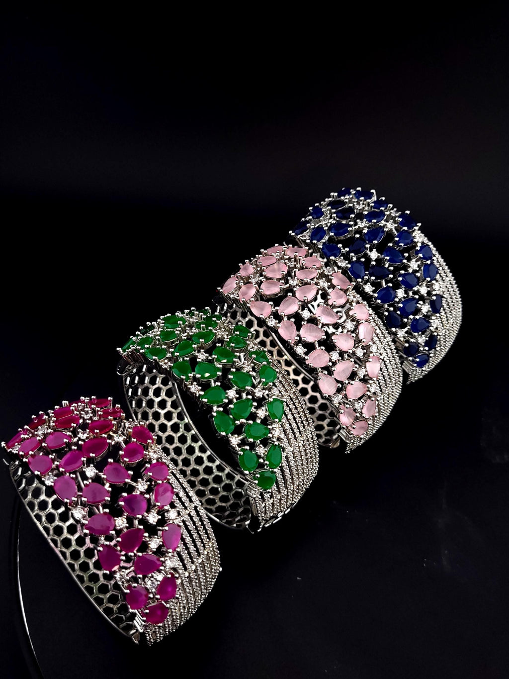 CZ Openable Bridal Bracelet – Indian Wedding Kada in Gold, Green, Blue, Magenta or Pink
