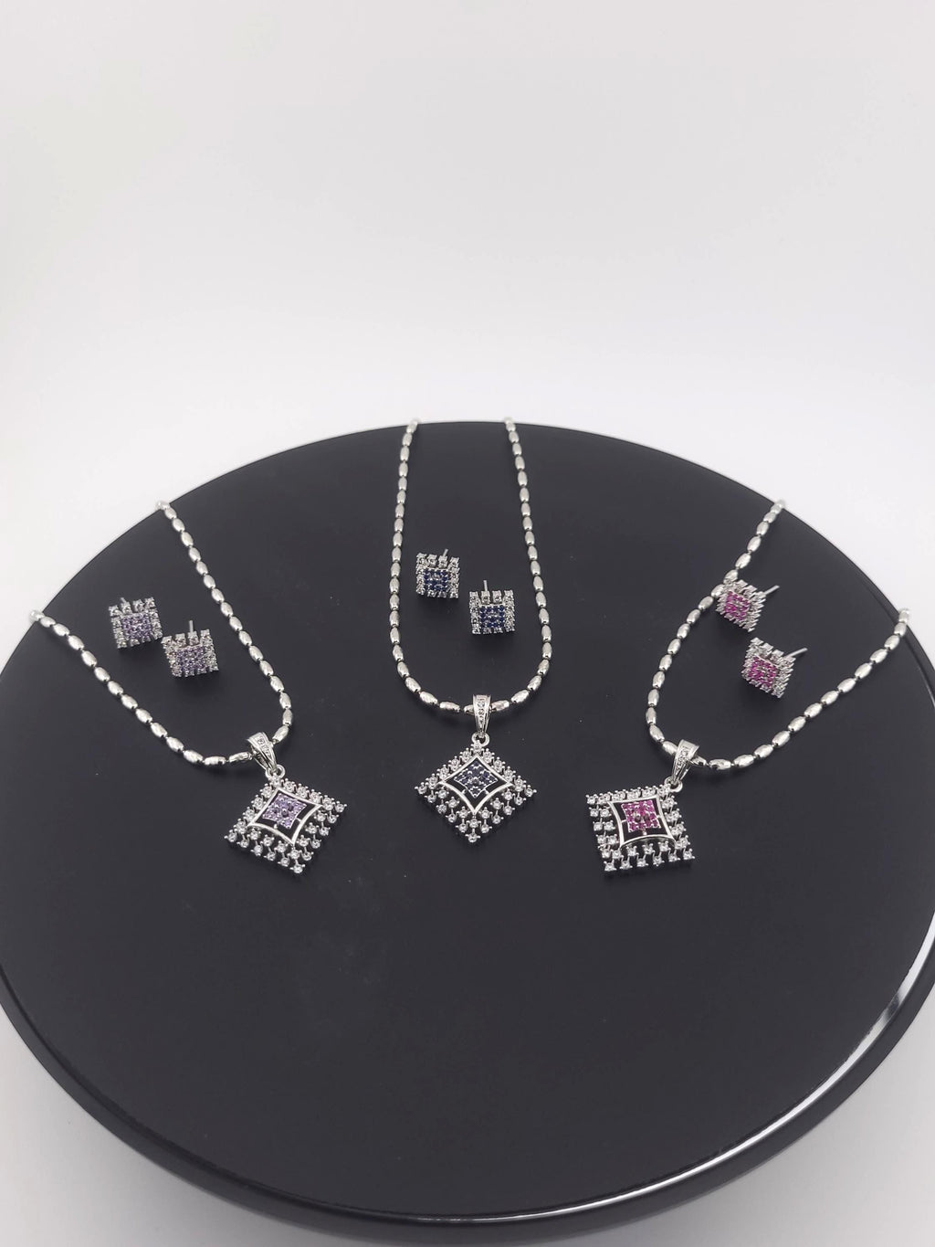 Diamond Shape CZ Pendant & Earrings Set – Red, Blue or Purple, Silver Tone
