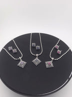 Diamond Shape CZ Pendant & Earrings Set – Red, Blue or Purple, Silver Tone