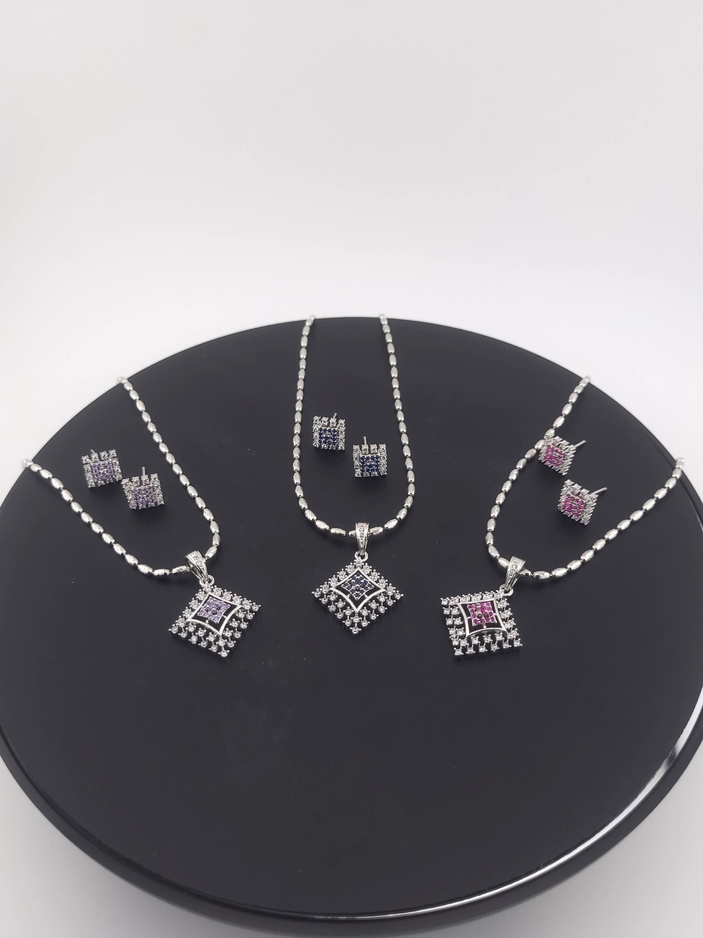 Diamond Shape CZ Pendant & Earrings Set – Red, Blue or Purple, Silver Tone