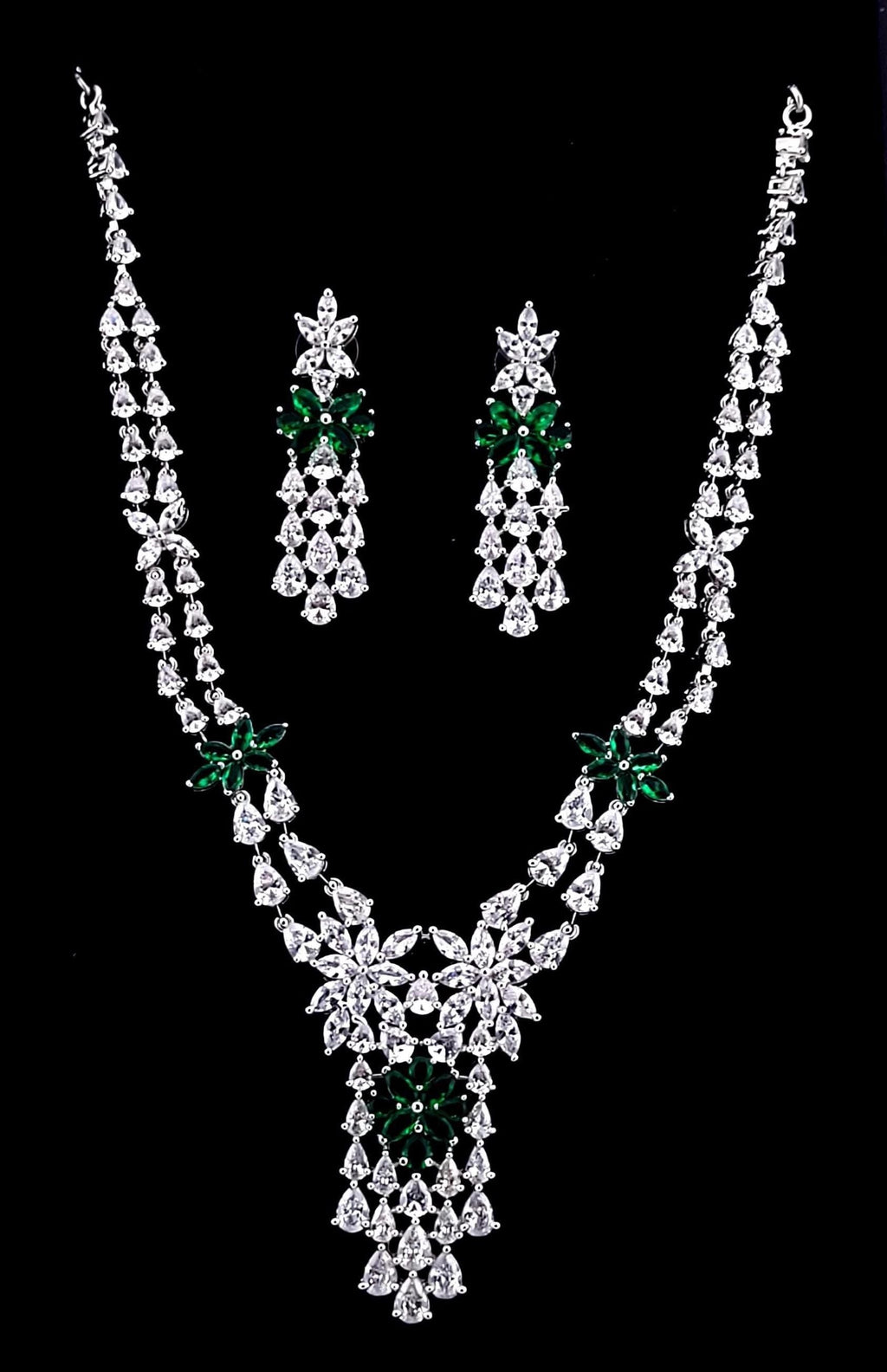 CZ Bridal Necklace & Earring Set | Silver Plated | Red, White & Emerald Green