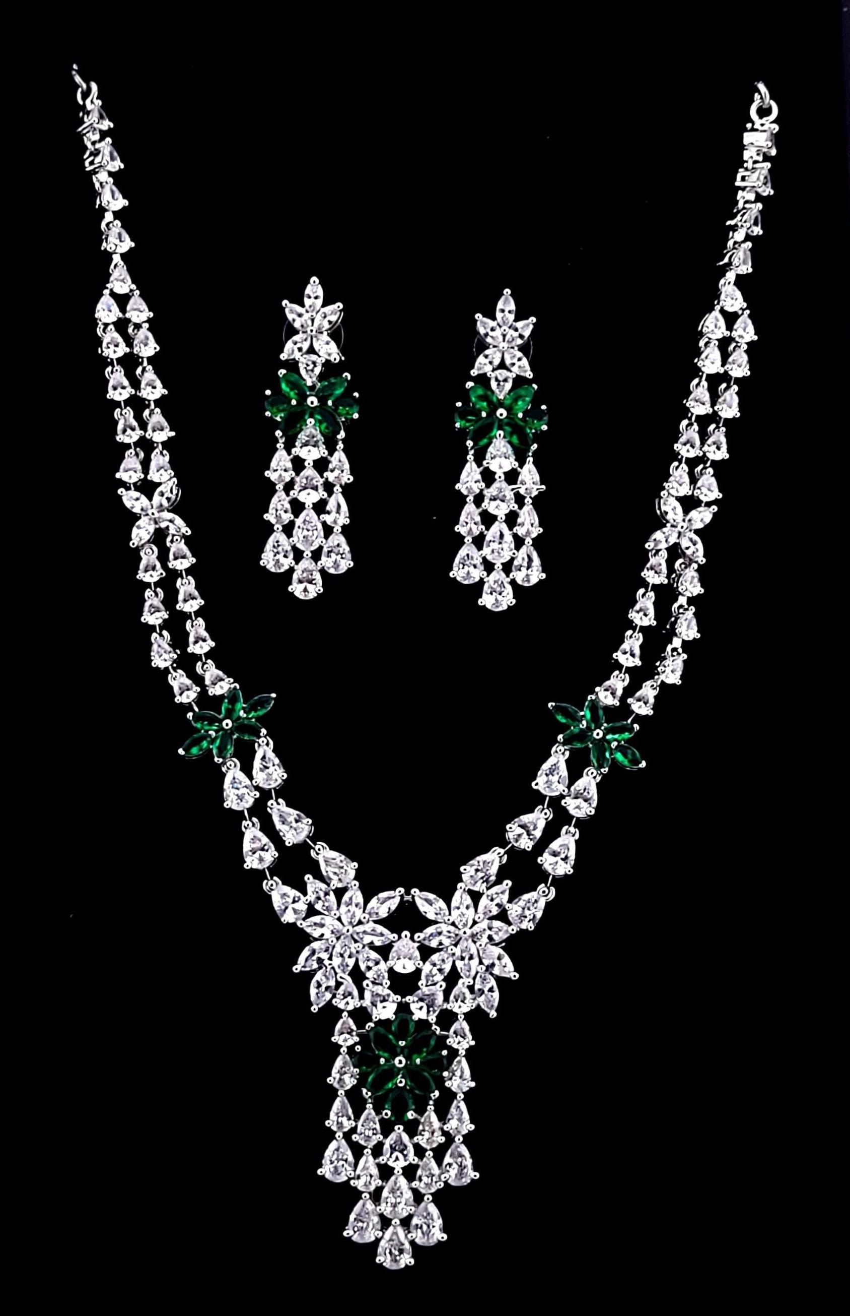 CZ Bridal Necklace & Earring Set | Silver Plated | Red, White & Emerald Green