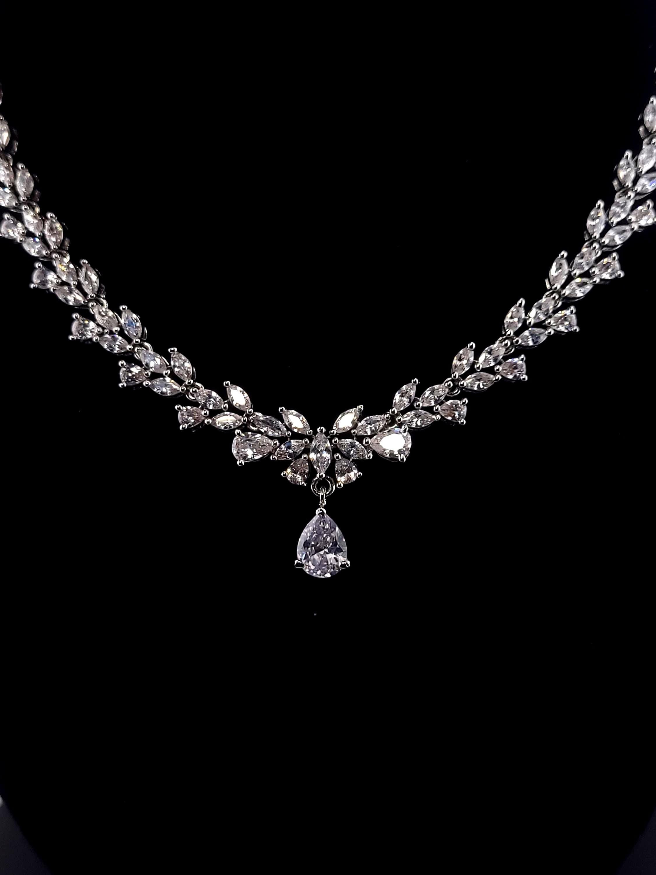 Bridal Teardrop CZ Necklace and Earring Set | Silver-Plated Wedding Jewelry