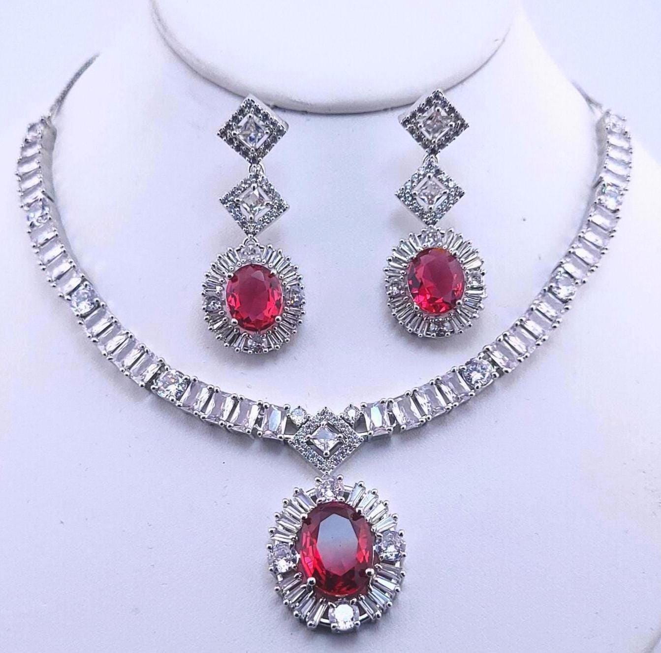 Oval CZ Necklace Set | Sapphire Blue or Ruby Red Wedding Jewelry | Bridal Evening Set