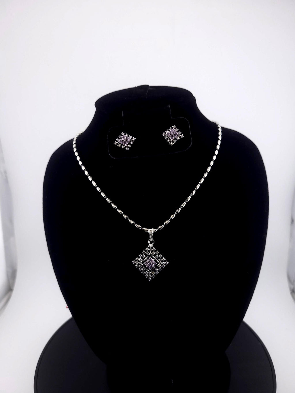 Diamond Shape CZ Pendant & Earrings Set – Red, Blue or Purple, Silver Tone