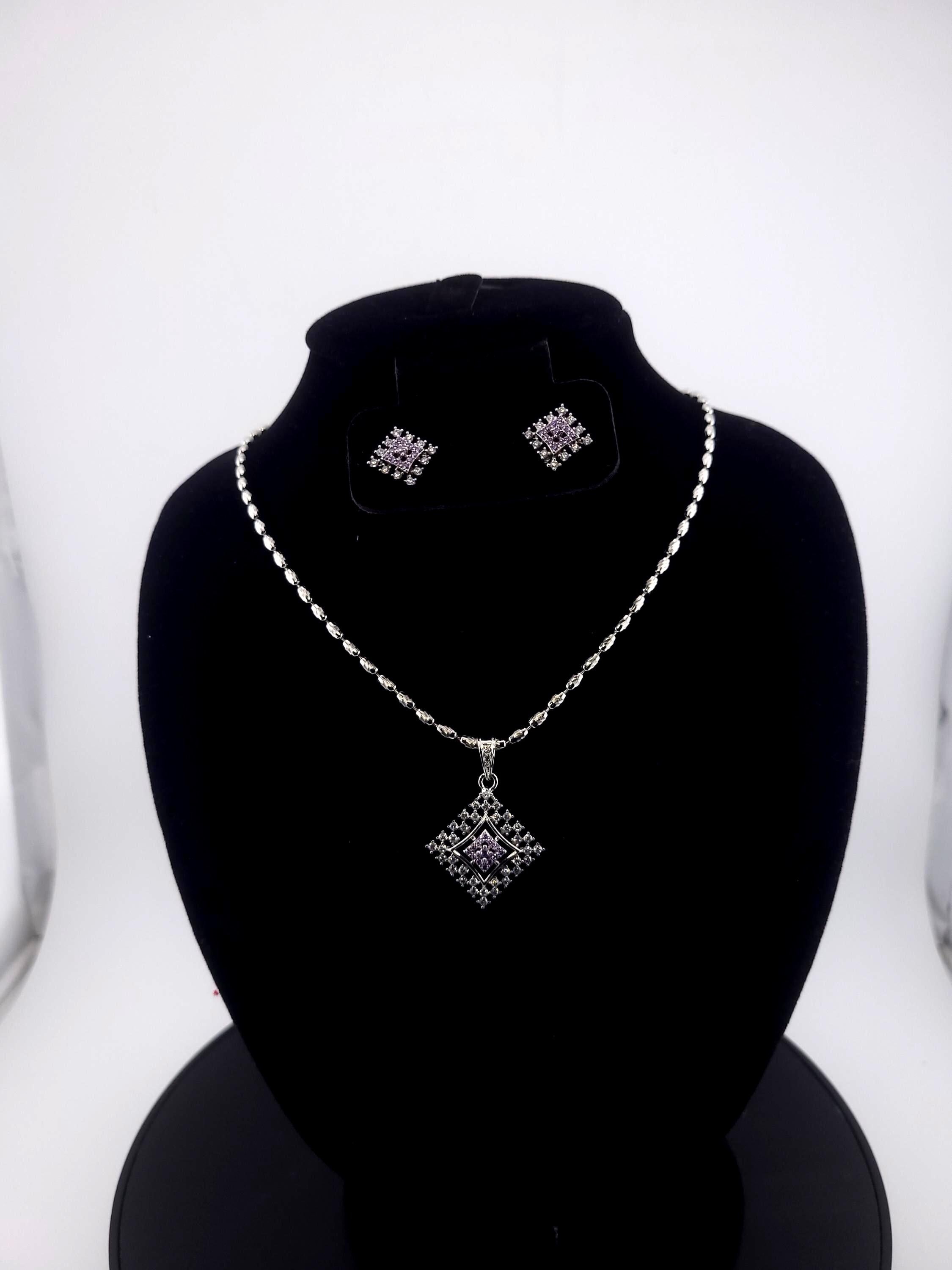 Diamond Shape CZ Pendant & Earrings Set – Red, Blue or Purple, Silver Tone