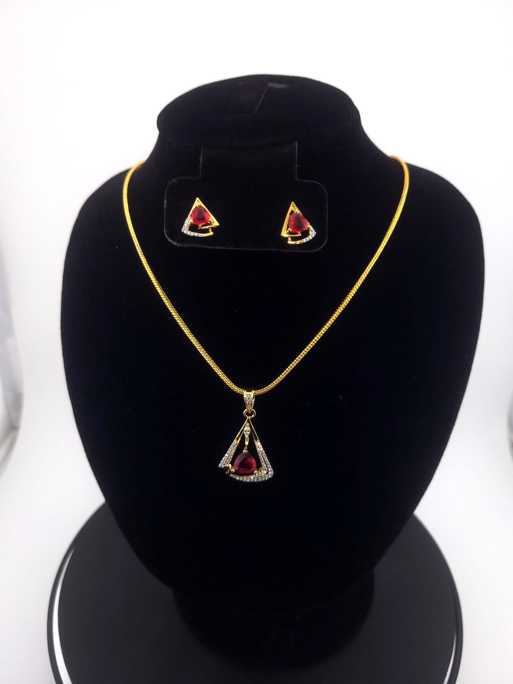 Triangle CZ Pendant & Earrings Set – Clear, Red, Yellow or Blue, Gold Tone