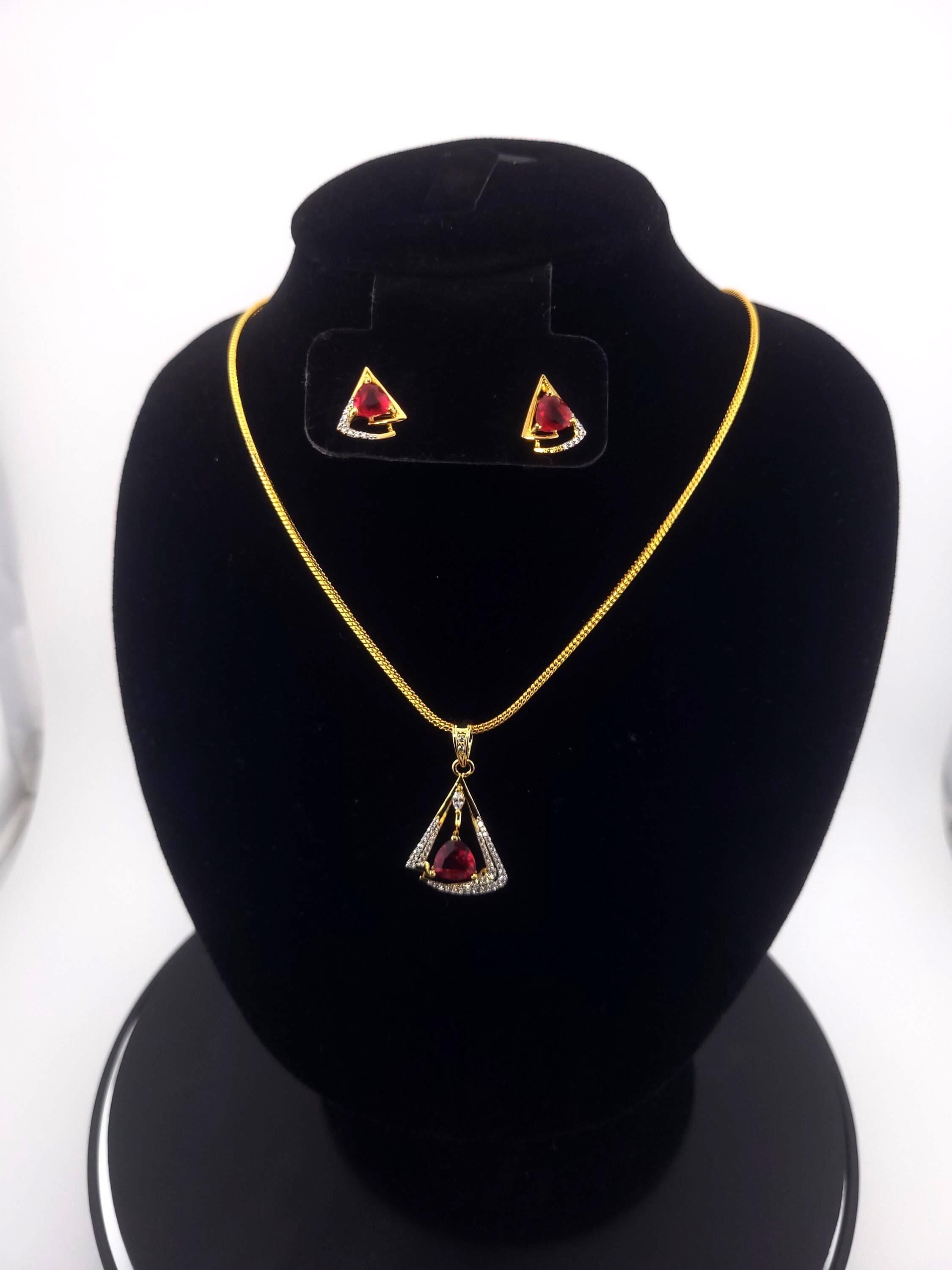 Triangle CZ Pendant & Earrings Set – Clear, Red, Yellow or Blue, Gold Tone