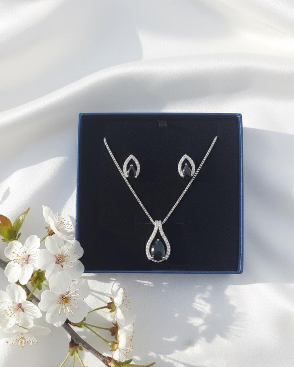Teardrop CZ Pendant Necklace and Earrings Set, Silver-Tone Crystal Jewelry