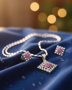Diamond Shape CZ Pendant & Earrings Set – Red, Blue or Purple, Silver Tone