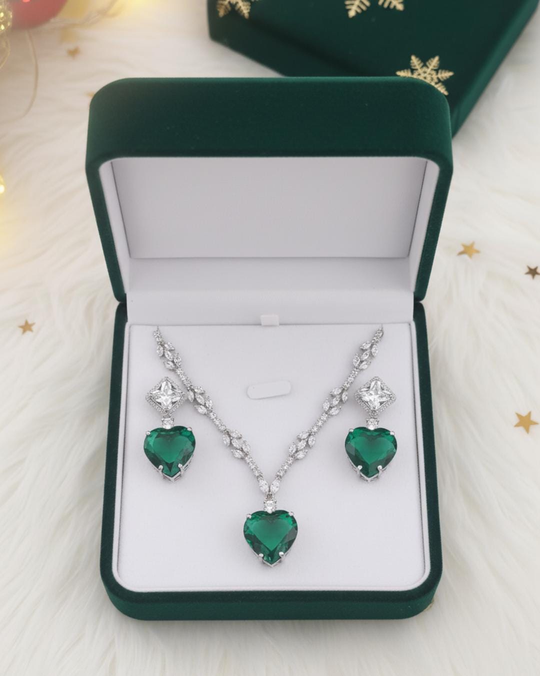 Emerald Green Heart CZ Necklace & Earrings Set – Silver Tone Jewelry