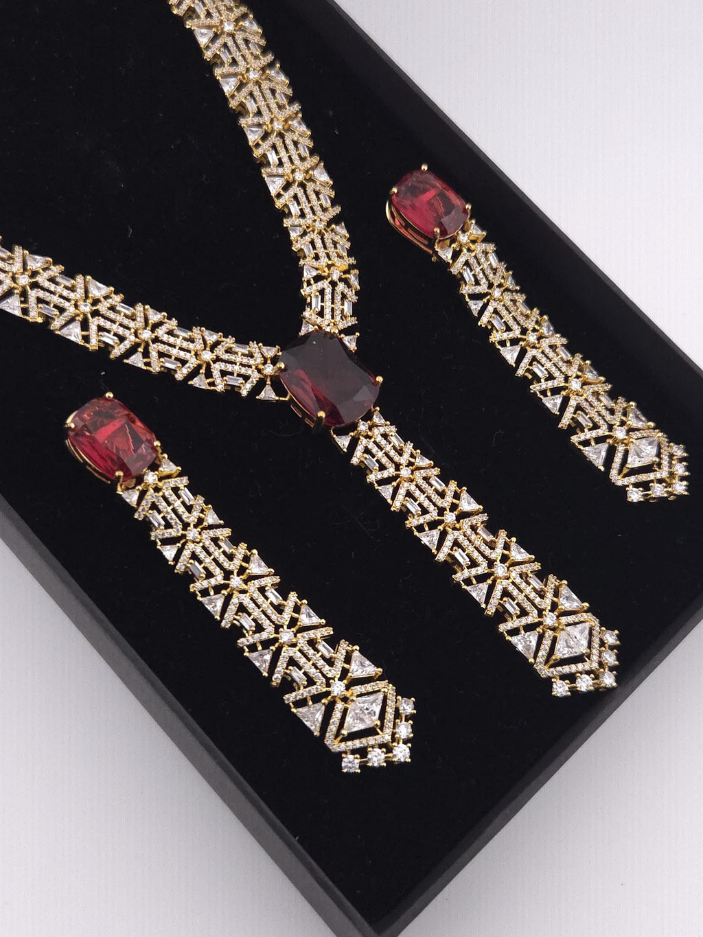 Ruby Red CZ V-Shape Long Pendant Necklace Set – Gold Plated Indian Bridal Jewelry